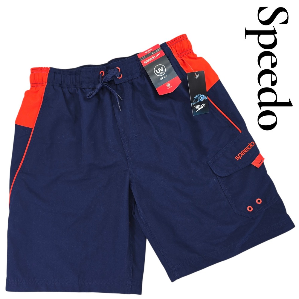 Speedo Mens Volley 20 Swim Trunks Navy Blue Orange UV 50+ Medium